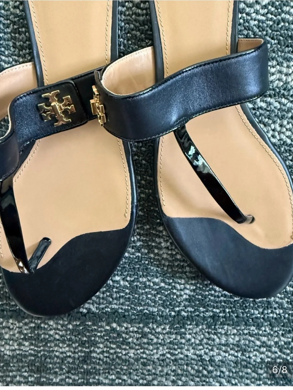 Tory Burch Black Leather Logo Thong Sandals with Tan Insole